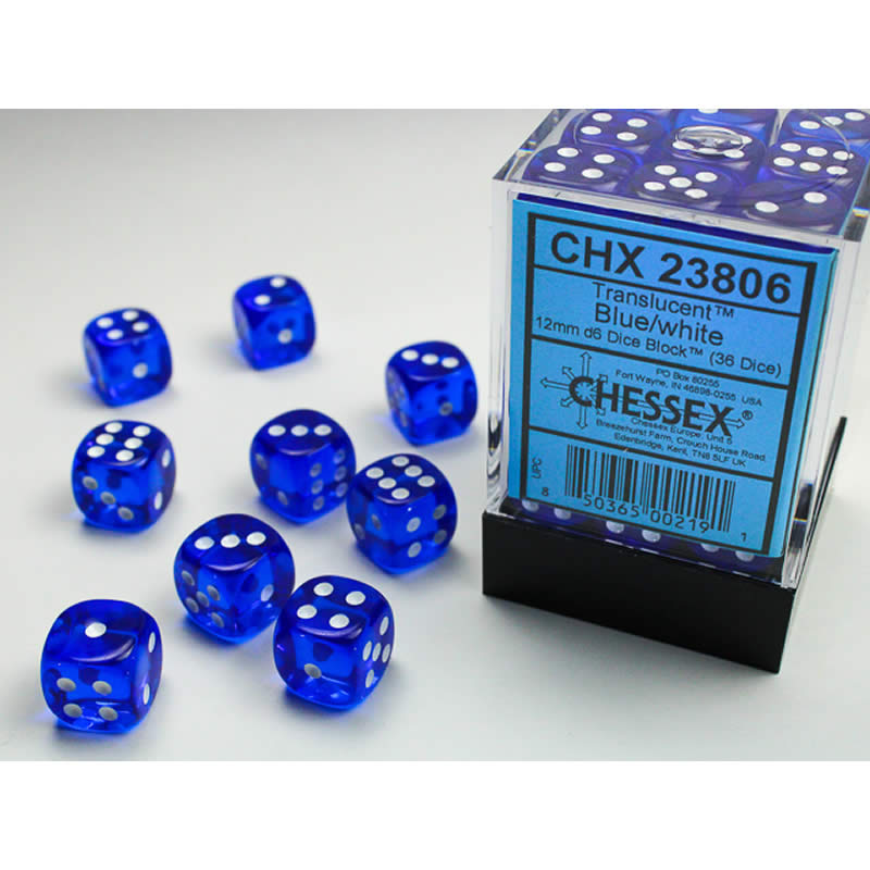 CHX23806 Blue Translucent D6 Dice White Pips 12mm Pack of 36 Main Image