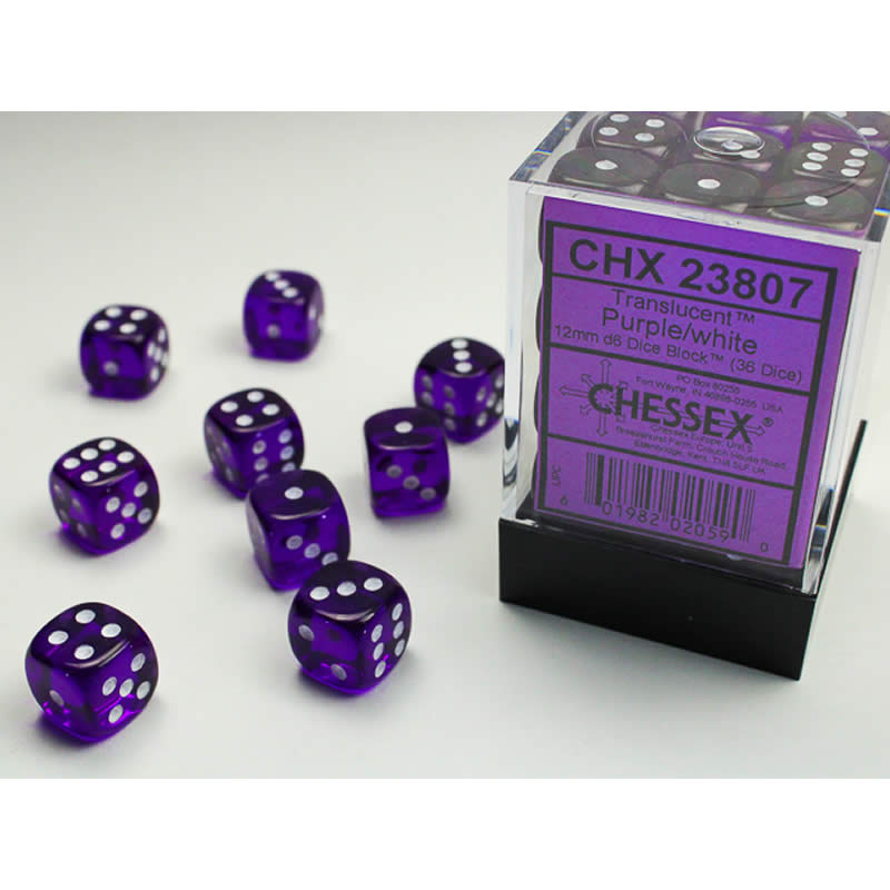CHX23807 Purple Translucent D6 Dice White Pips 12mm Pack of 36 Main Image