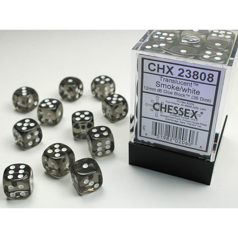 CHX23808 Smoke Translucent D6 Dice White Pips 12mm Pack of 36 Main Image