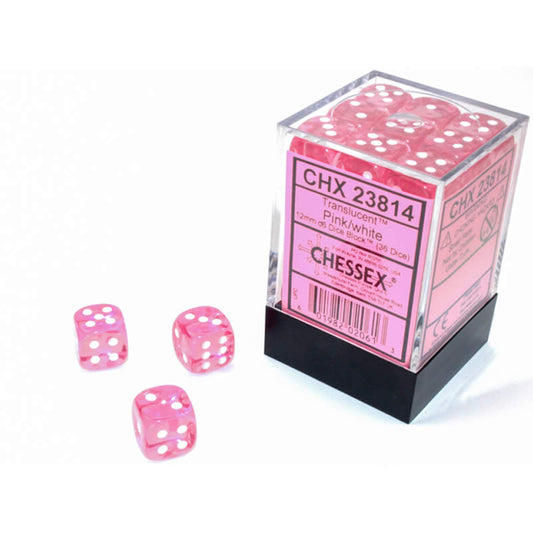 CHX23814 Pink Translucent D6 Dice with White Pips 12mm (1/2in) Pack of 36 Main Image