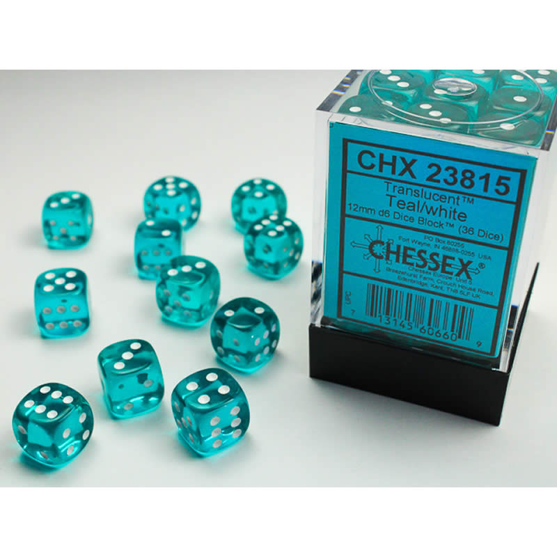 CHX23815 Teal Translucent D6 Dice White Pips 12mm Pack of 36 Main Image