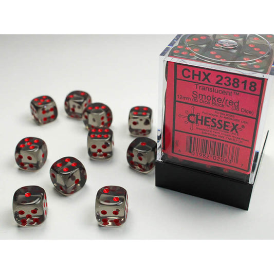 CHX23818 Smoke Translucent D6 Dice Red Pips 12mm Pack of 36 Main Image