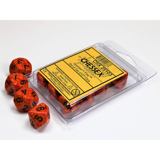 CHX25103 Fire Speckled Dice Black Numbers D10 16mm (5/8in) Set of 10 Main Image