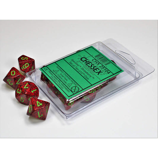 CHX25104 Strawberry Speckled Dice Green Numbers D10 16mm Set of 10 Main Image