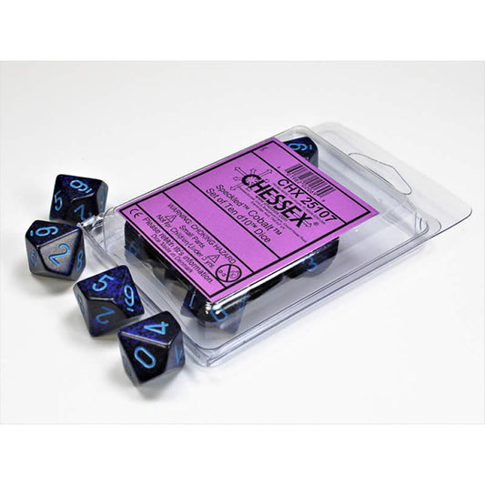 CHX25107 Cobalt Speckled Dice Blue Numbers D10 16mm (5/8in) Set of 10 Main Image