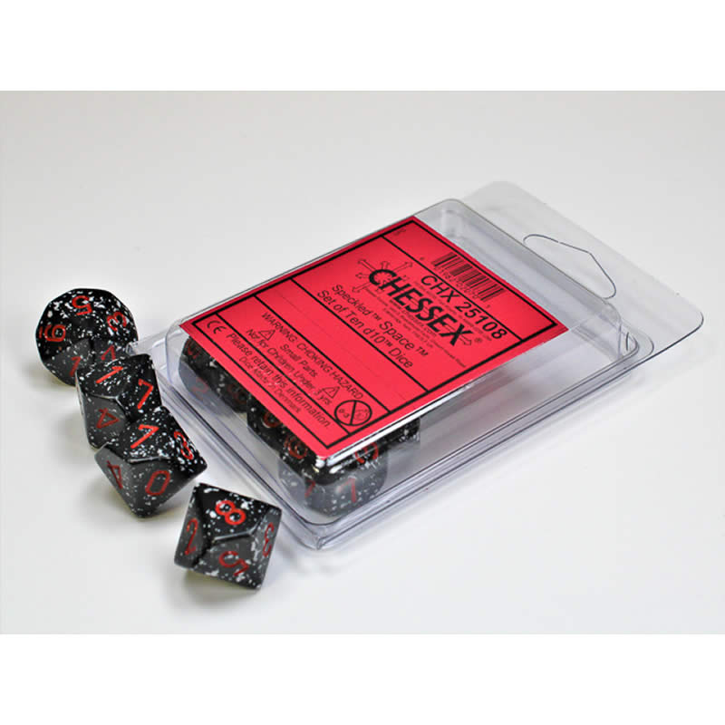 CHX25108 Space Speckled Dice Red Numbers D10 16mm (5/8in) Set of 10 Main Image