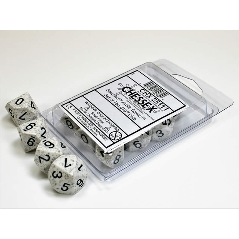 CHX25111 Arctic Camo Speckled Dice Black Numbers D10 16mm (5/8in) Set of 10 Main Image