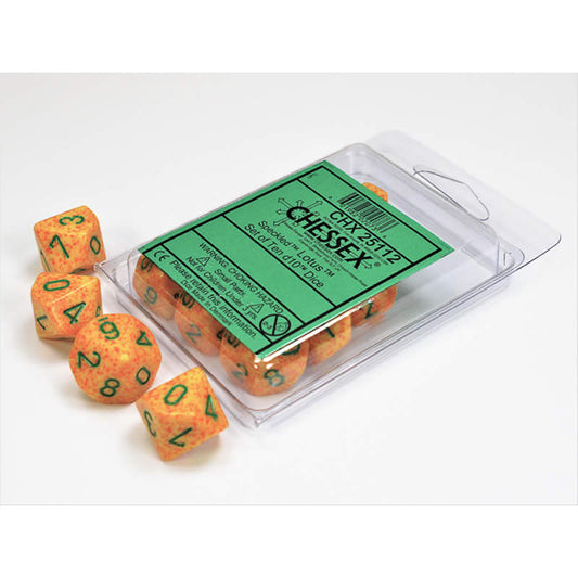 CHX25112 Lotus Speckled Dice Green Numbers D10 16mm (5/8in) Set of 10 Main Image