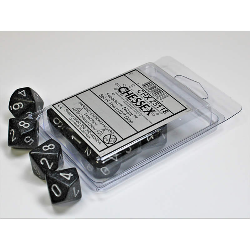 CHX25118 Ninja Speckled Dice Silver Numbers D10 16mm (5/8in) Set of 10 Main Image