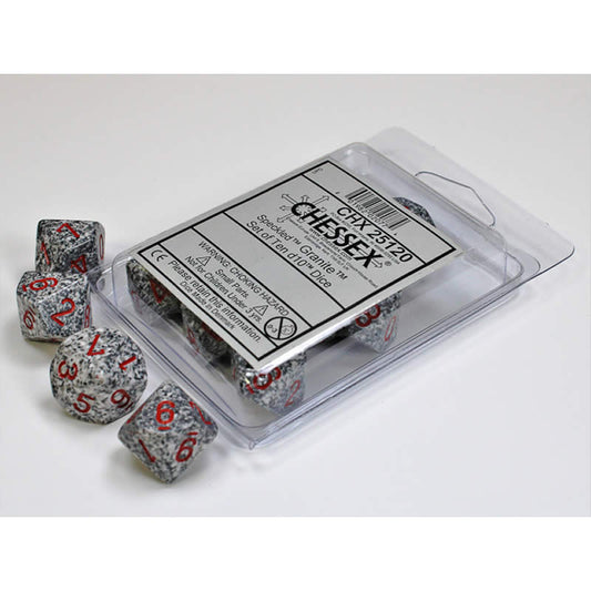 CHX25120 Granite Speckled Dice Red Numbers D10 16mm (5/8in) Set of 10 Main Image