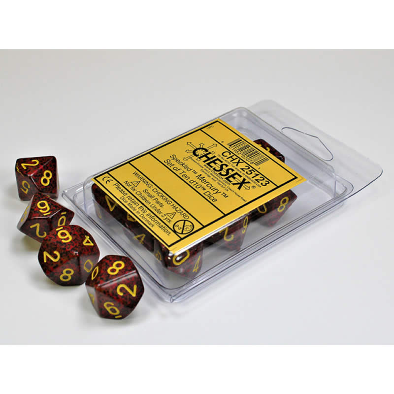 CHX25123 Mercury Speckled Dice Yellow Numbers D10 16mm Set of 10 Main Image
