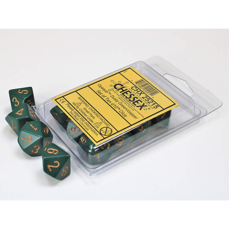 CHX25215 Dusty Green Opaque Dice Copper Numbers D10 16mm Set of 10 Main Image