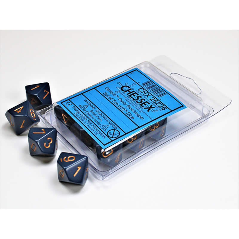 CHX25226 Dusty Blue Opaque Dice Copper Numbers D10 16mm Set of 10 Main Image