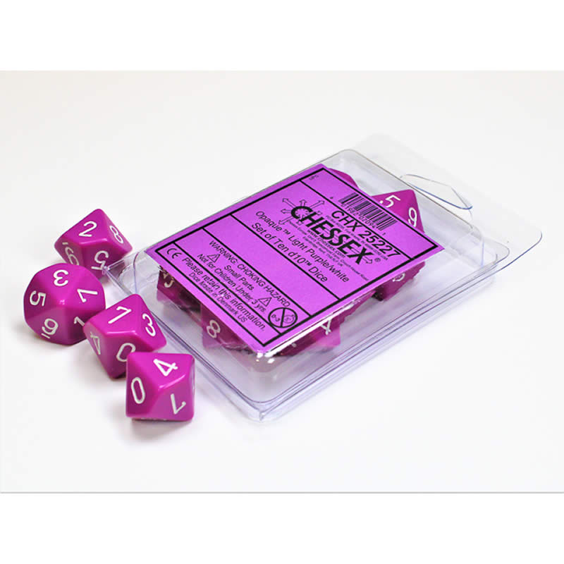 CHX25227 Light Purple Opaque Dice White Numbers D10 16mm Set of 10 Main Image