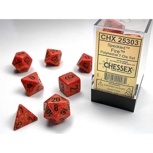 CHX25303 Fire Speckled Dice with Black Numbers 16mm (5/8in) Set of 7 Main Image