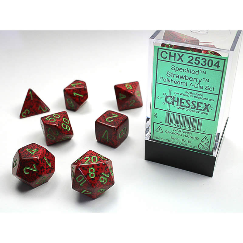 CHX25304 Strawberry Speckled Dice Green Numbers 16mm (5/8in) Set of 7 Main Image