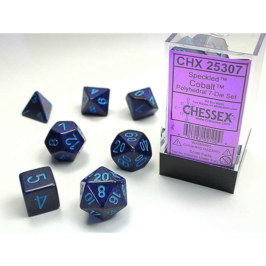 CHX25307 Cobalt Speckled Dice with Blue Numbers 16mm (5/8in) Set of 7 Main Image