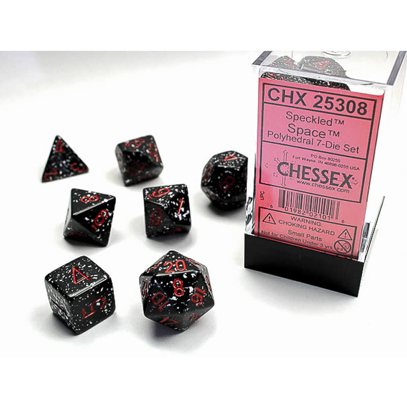 CHX25308 Space Speckled Dice with Red Numbers 16mm (5/8in) Set of 7 Main Image