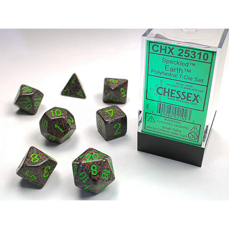 CHX25310 Earth Speckled Dice with Green Numbers 16mm (5/8in) Set of 7 Main Image