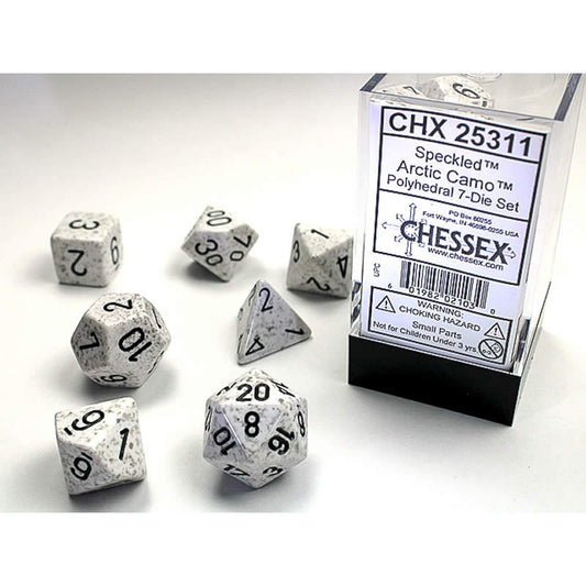 CHX25311 Arctic Camo Speckled Dice Black Numbers 16mm (5/8in) Set of 7 Main Image