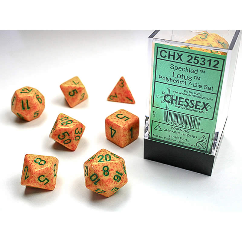 CHX25312 Lotus Speckled Dice with Green Numbers 16mm (5/8in) Set of 7 Main Image