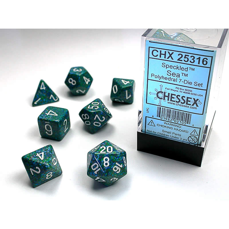 CHX25316 Sea Speckled Dice with White Numbers 16mm (5/8in) Set of 7 Main Image