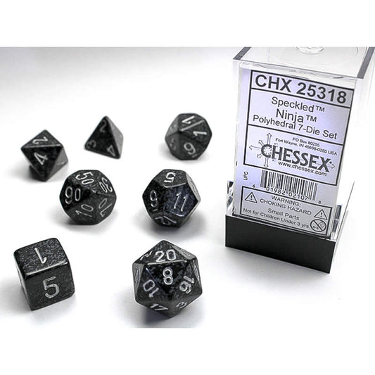 CHX25318 Ninja Speckled Dice with Silver Numbers 16mm (5/8in) Set of 7 Main Image