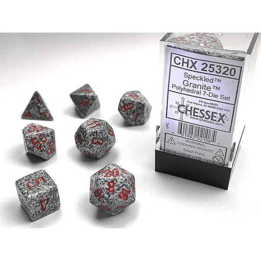 CHX25320 Granite Speckled Dice with Red Numbers 16mm (5/8in) Set of 7 Main Image