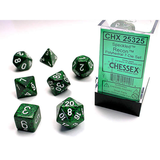 CHX25325 Recon Speckled Dice with White Numbers 16mm (5/8in) Set of 7 Main Image