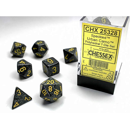 CHX25328 Urban Camo Speckled Dice Yellow Numbers 16mm Set of 7 Main Image