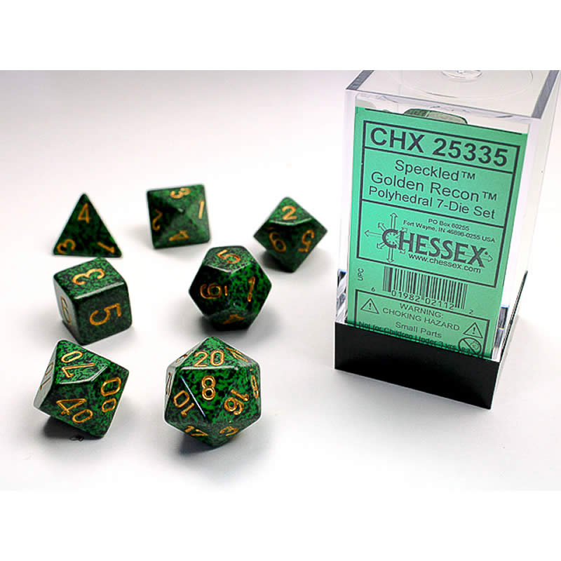 CHX25335 Golden Recon Speckled Dice Gold Numbers 16mm Set of 7 Main Image