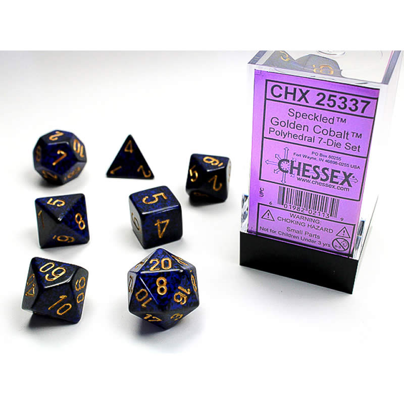 CHX25337 Golden Colbalt Speckled Dice Gold Numbers 16mm Set of 7 Main Image