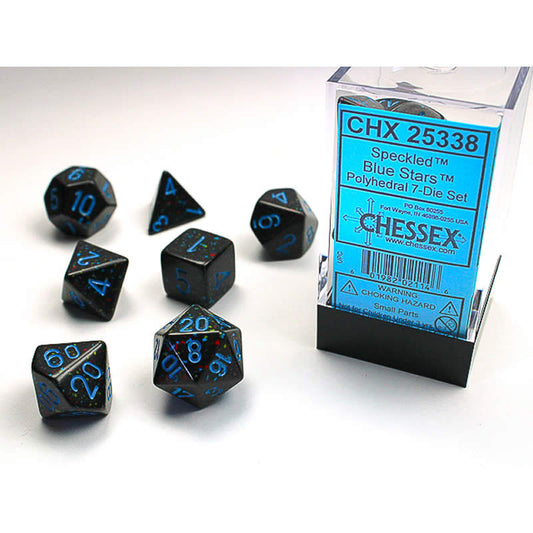 CHX25338 Blue Stars Speckled Dice Blue Numbers 16mm (5/8in) Set of 7 Main Image