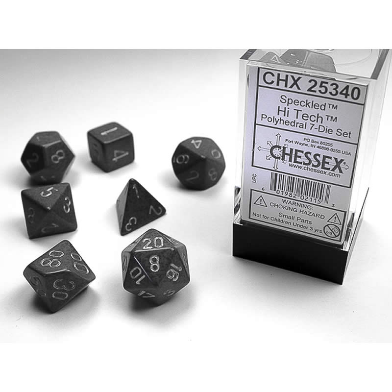 CHX25340 High Tech Speckled Dice Silver Numbers 16mm (5/8in) Set of 7 Main Image