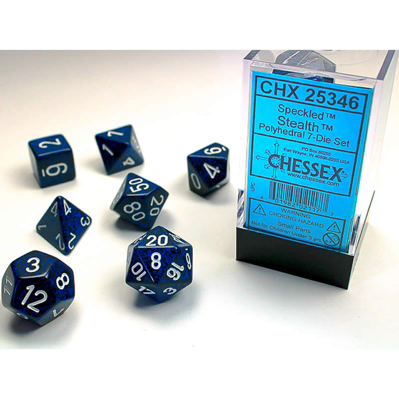 CHX25346 Stealth Speckled Dice with White Numbers 16mm (5/8in) Set of 7 Main Image