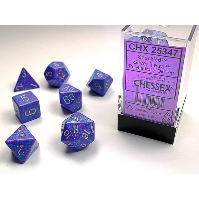 CHX25347 Silver Tetra Speckled Dice Silver Numbers 16mm (5/8in) Set of 7 Main Image