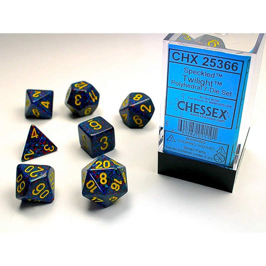 CHX25366 Twilight Speckled Dice Yellow Numbers 16mm (5/8in) Set of 7 Main Image