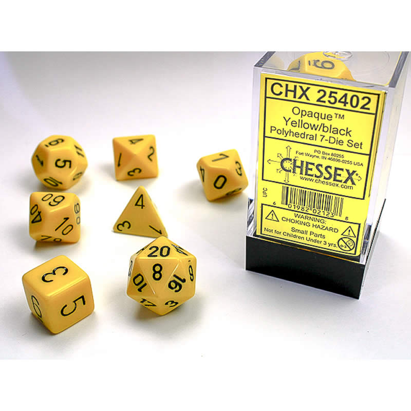 CHX25402 Yellow Opaque Dice with Black Numbers 16mm (5/8in) Set of 7 Main Image