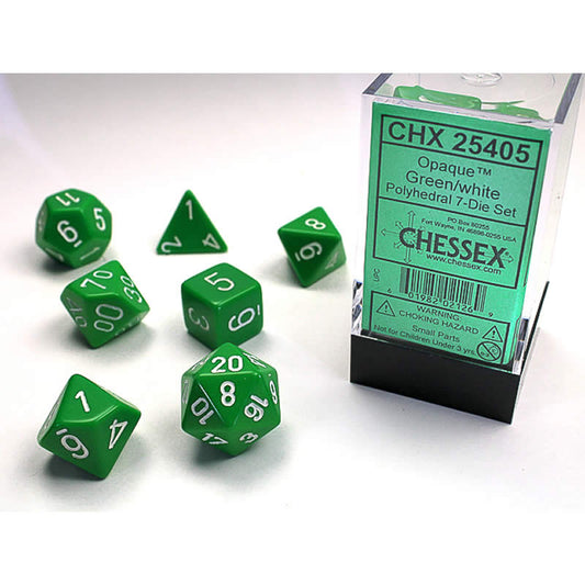 CHX25405 Green Opaque Dice with White Numbers 16mm (5/8in) Set of 7 Main Image