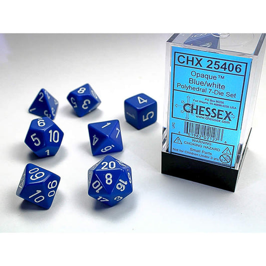 CHX25406 Blue Opaque Dice with White Numbers 16mm (5/8in) Set of 7 Main Image