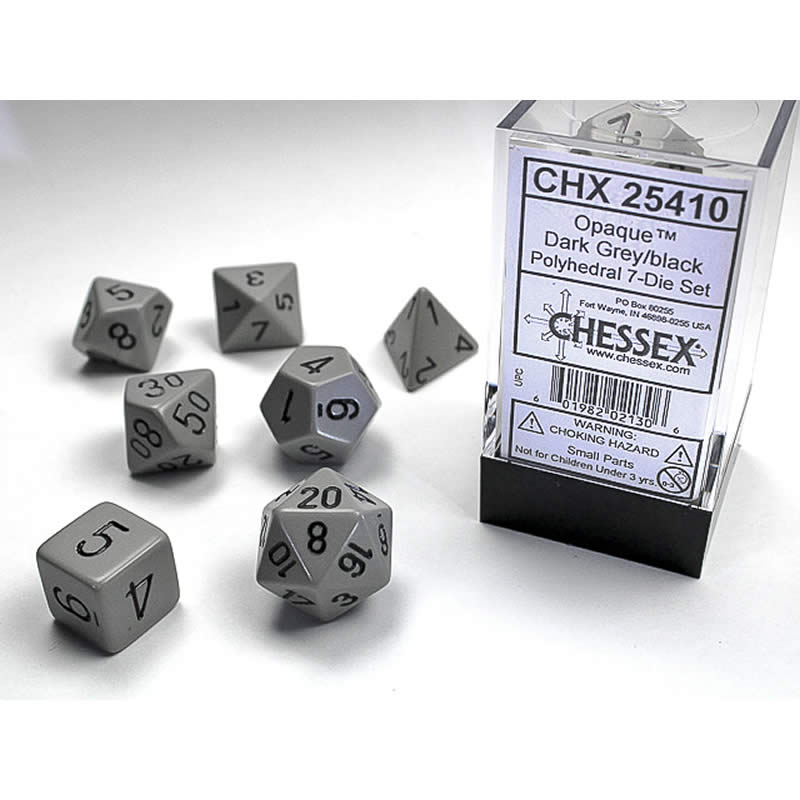 CHX25410 Dark Grey Opaque Dice Black Numbers 16mm (5/8in) Set of 7 Main Image