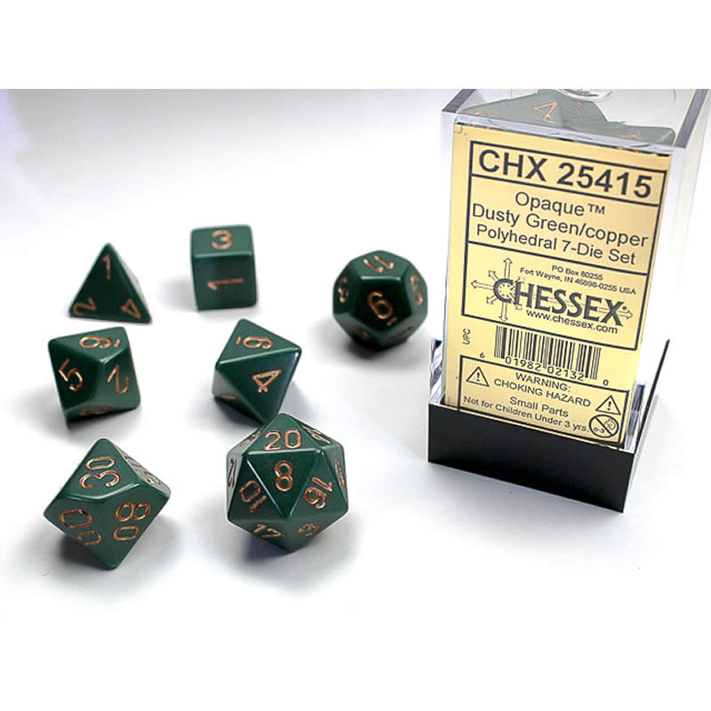 CHX25415 Dusty Green Opaque Dice Copper Numbers 16mm (5/8in) Set of 7 Main Image