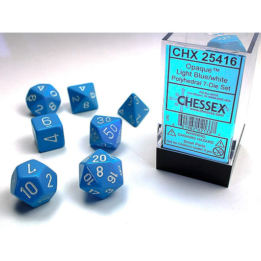 CHX25416 Light Blue Opaque Dice with White Numbers 16mm (5/8in) Set of 7 Main Image