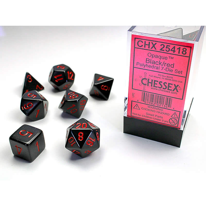CHX25418 Black Opaque Dice with Red Numbers 16mm (5/8in) Set of 7 Main Image