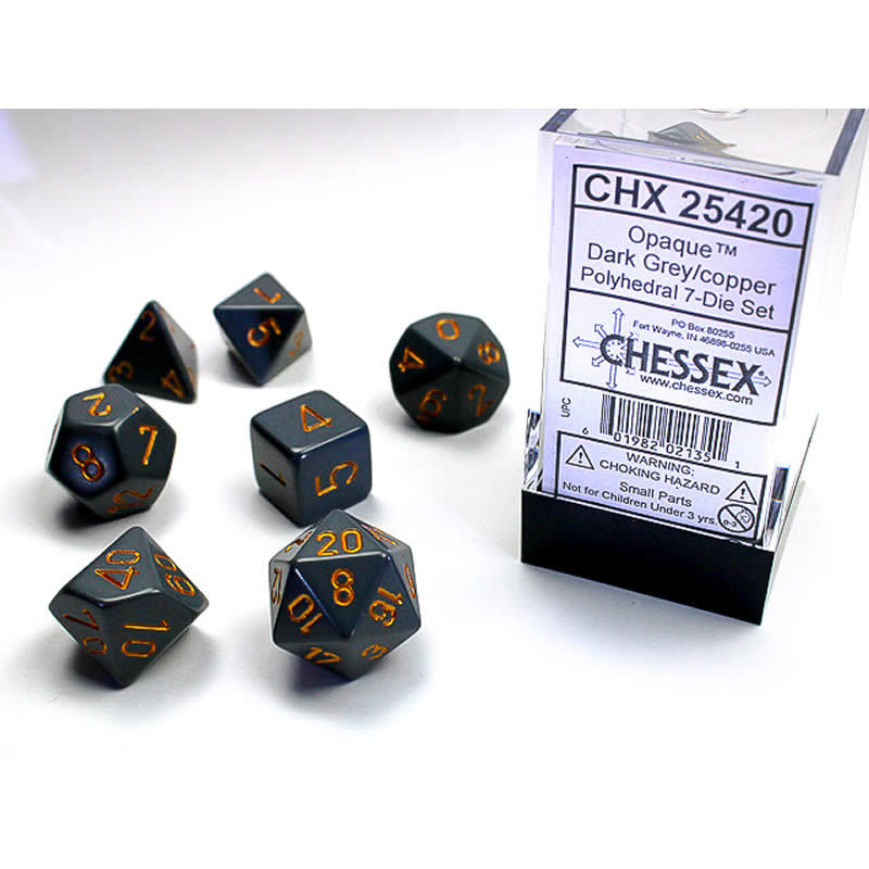 CHX25420 Dark Grey Opaque Dice Copper Numbers 16mm (5/8in) Set of 7 Main Image