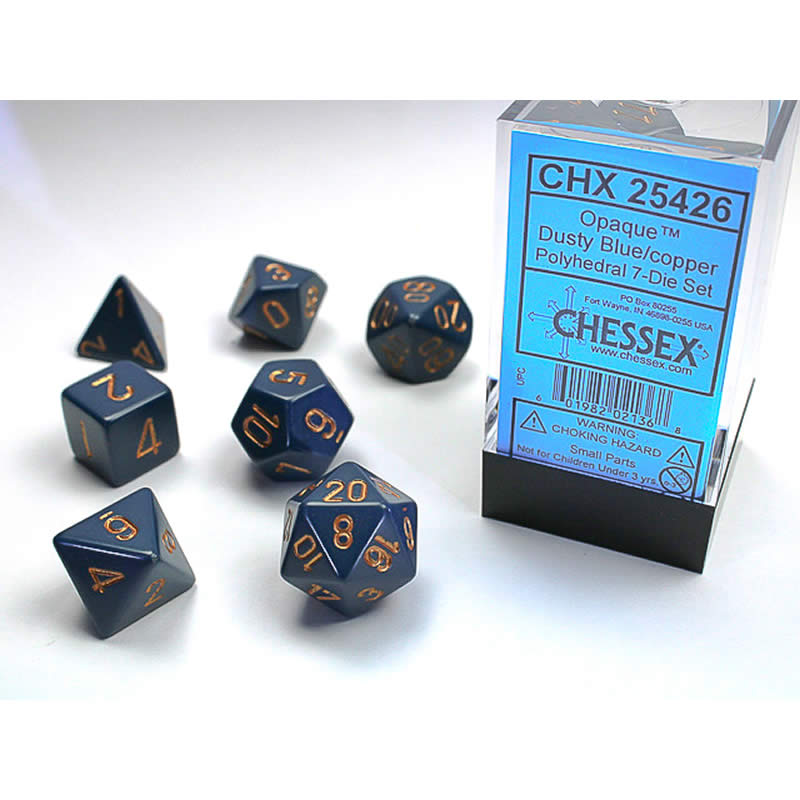 CHX25426 Dusty Blue Opaque Dice Copper Numbers 16mm (5/8in) Set of 7 Main Image