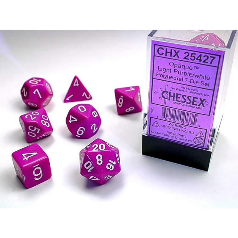 CHX25427 Light Purple Opaque Dice White Numbers 16mm (5/8in) Set of 7 Main Image