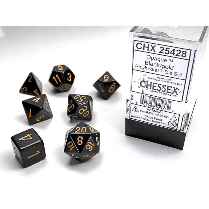 CHX25428 Black Opaque Dice with Gold Numbers 16mm (5/8in) Set of 7 Main Image