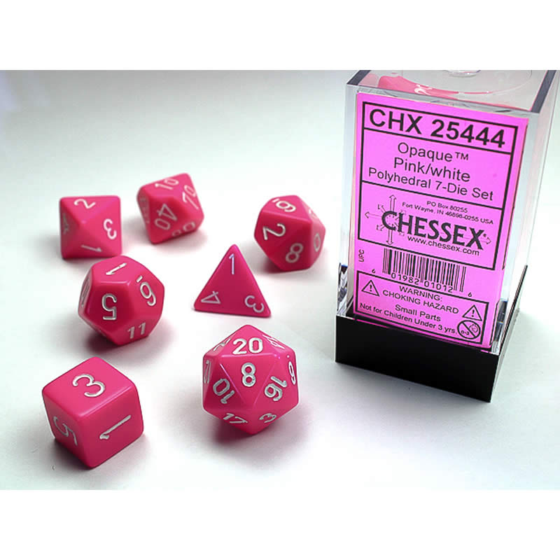 CHX25444 Pink Opaque Dice with White Numbers 16mm (5/8in) Set of 7 Dice Main Image