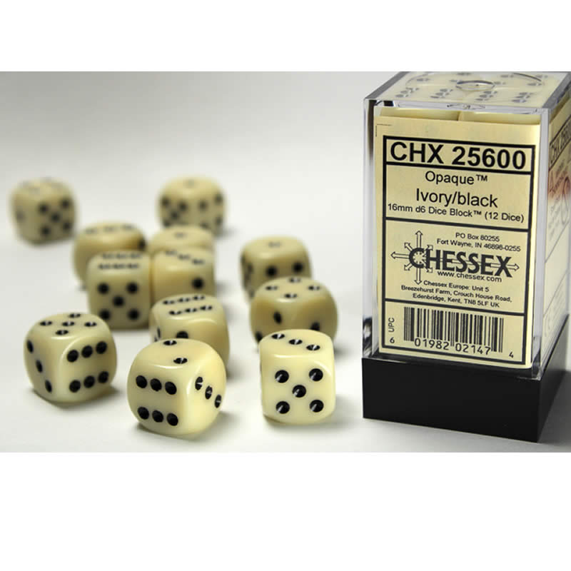 CHX25600 Ivory Opaque D6 Dice with Black Pips 16mm (5/8in) Pack of 12 Main Image